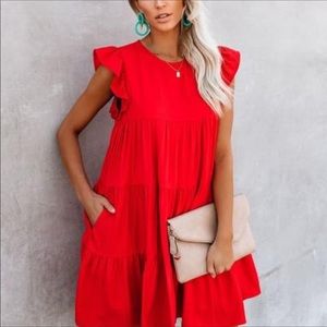 Vici Tiered Babydoll Dress - Red coral
